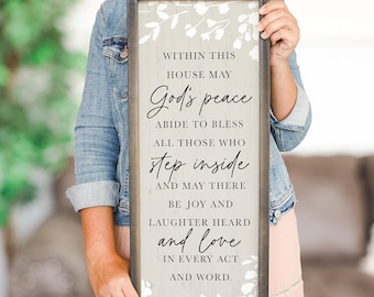 Within this house may God's peace abide to bless all those who step inside - Rustic wood Frame sign - Joy laughter love - House blessing