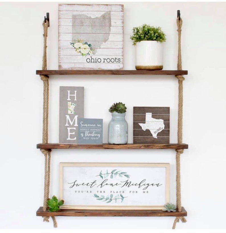 Rope Shelving Rope Shelf 3 Wood Shelves Rustic Wood Etsy