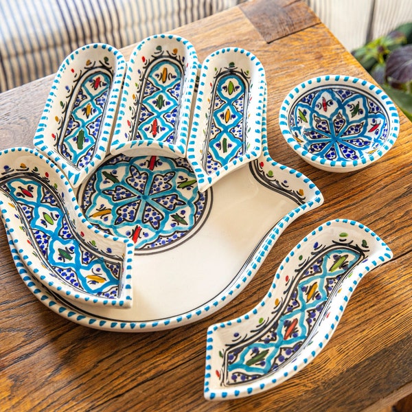 Grand hamsa turquoise, main de Fatima, service pour trempette et service fait main, cadeaux de pendaison de crémaillère