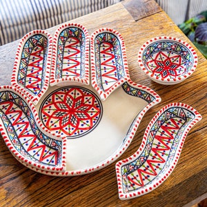 Large Red Hamsa, Hand of Fatima, Handmade Dipping and Serving Set, Housewarming Gifts