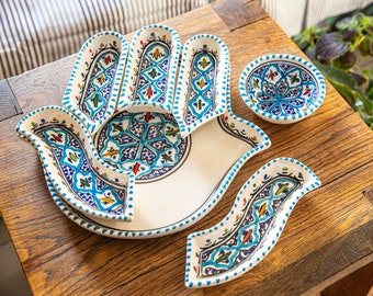 Large Turquoise Hamsa, Hand of Fatima, Handmade Dipping and Serving Set, Housewarming Gifts