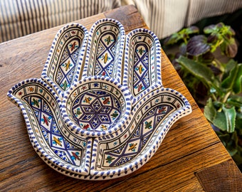 Blue Hamsa Plate-7 plates in 1-Serving Plate-Chip and Dip Set-Hand Made and Hand Painted-Mediterranean-Perfect Hostess Gift-Housewarming Gift-Engagement Gift-Wedding Gift