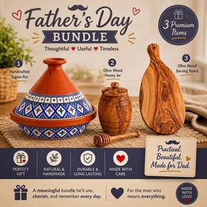 May include: A Father's Day bundle featuring a handcrafted terracotta tagine pot with blue and white geometric patterns, a wooden honey jar with a matching dipper, and an olive wood serving board with a visible natural grain pattern.