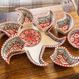 Ceramic Serving and Dipping Set - Handmade Boho Red Star