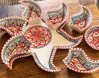 Ceramic Serving and Dipping Set - Handmade Boho Red Star