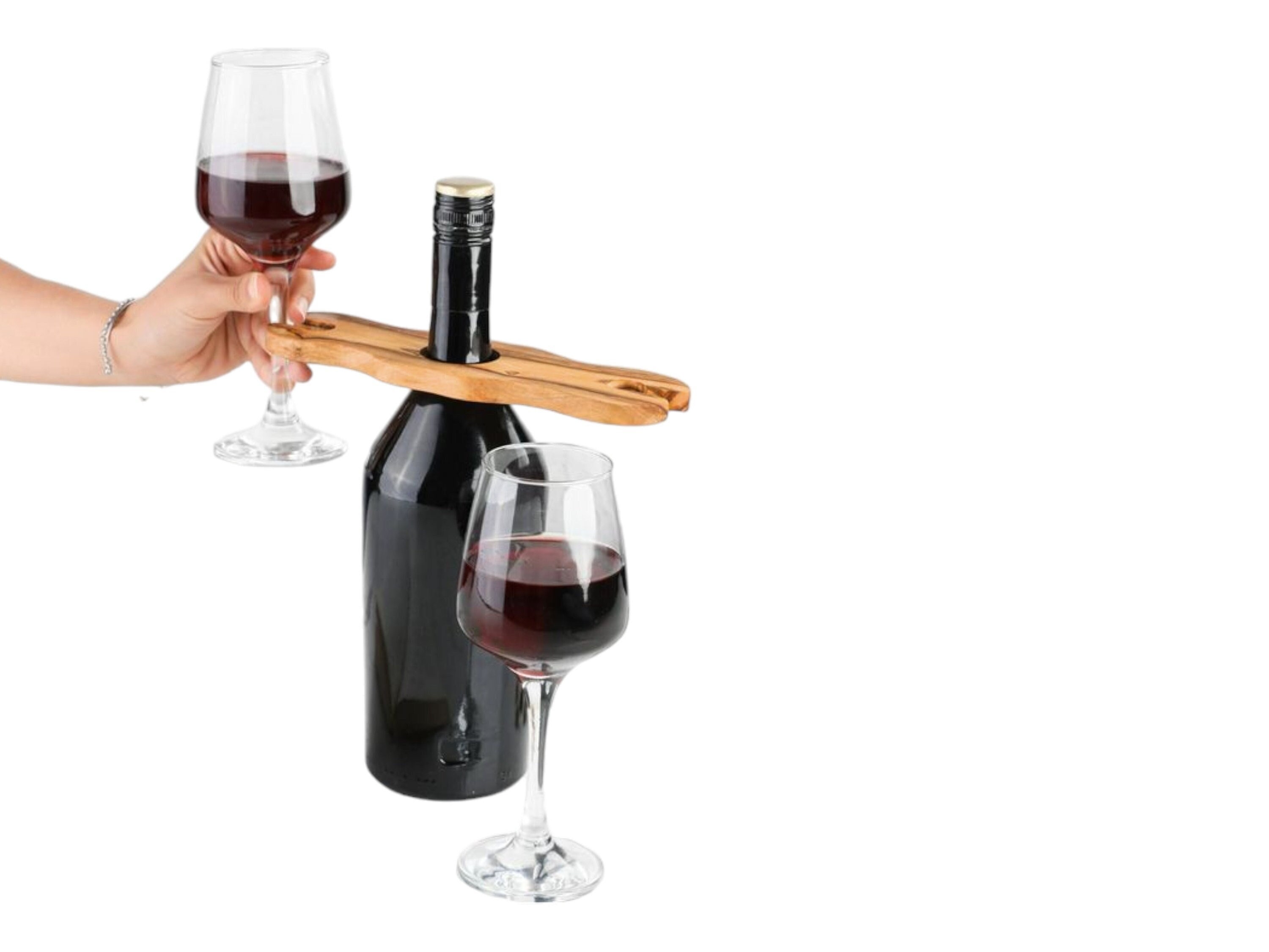 bouteille de vin en forme noeud bois d'olivier et support pour deux verres à fait main, pendaison crémaillère, mariage, noël, cadeau
