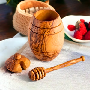 Handmade Olive Wood Honey Pot with Dipper Stick Spoon