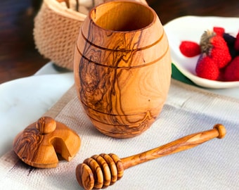 Handmade Olive Wood Honey Pot with Dipper Stick Spoon