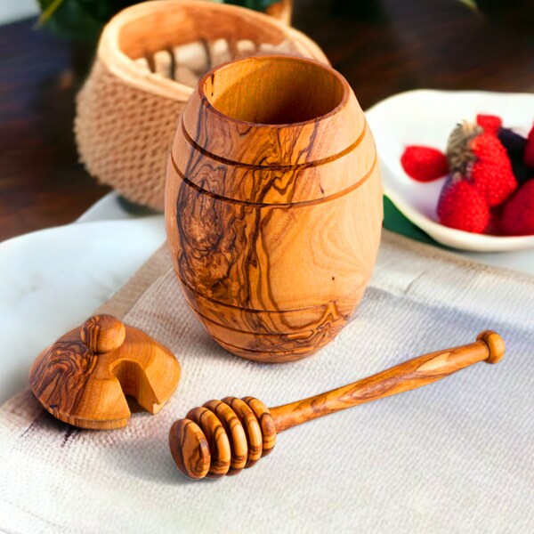 Handmade Olive Wood Honey Pot with Dipper Stick Spoon