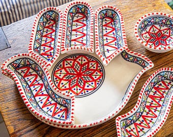Ceramic Serving and Dipping Set - Handmade Boho Red Hamsa