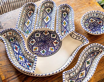 Ceramic Serving and Dipping Set - Handmade Boho Blue Hamsa