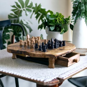 Chess Board with Storage Drawers - Handmade Olive Wood, Rustic Housewarming Gift