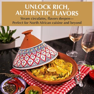 May include: A traditional Moroccan tagine with a colorful, hand-painted ceramic lid. The tagine is filled with a dish of chicken and vegetables, and is set on a red and white checkered tablecloth. The text on the image reads: "UNLOCK RICH, AUTHENTIC FLAVORS Steam circulates, flavors deepen- Perfect for North African cuisine and beyond"