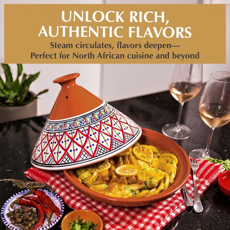 May include: A traditional Moroccan tagine with a colorful, hand-painted ceramic lid. The tagine is filled with a dish of chicken and vegetables, and is set on a red and white checkered tablecloth. The text on the image reads: "UNLOCK RICH, AUTHENTIC FLAVORS Steam circulates, flavors deepen- Perfect for North African cuisine and beyond"