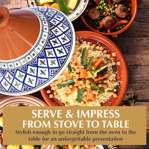 May include: A terracotta tagine with a conical lid featuring a blue, white, and brown geometric pattern. The base contains couscous with chickpeas, carrots, and zucchini. Text on the image reads: SERVE & IMPRESS FROM STOVE TO TABLE.