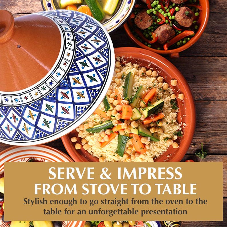 May include: A terracotta tagine with a conical lid featuring a blue, white, and brown geometric pattern. The base contains couscous with chickpeas, carrots, and zucchini. Text on the image reads: SERVE & IMPRESS FROM STOVE TO TABLE.