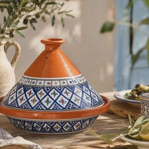 Moroccan Tagine Pot, Hand-Painted Blue Ceramic Tajine, Premium Stovetop & Oven Cookware, Decorative Clay Cooking Pot, Housewarming Gift image 7