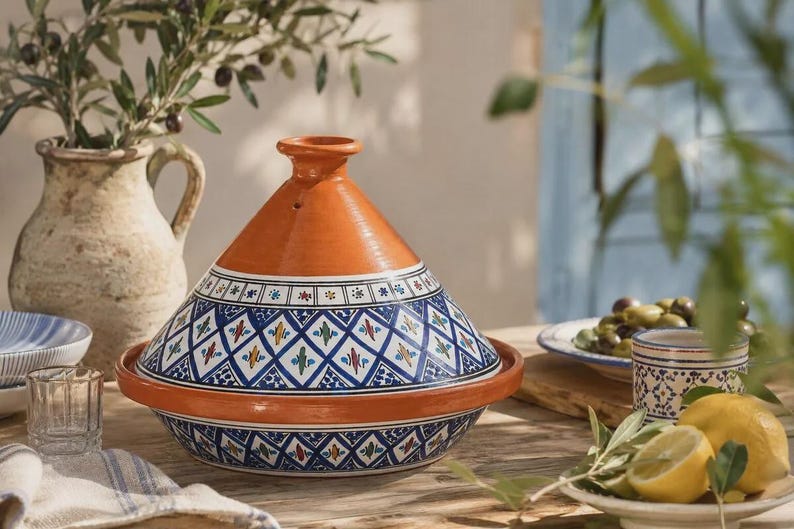 Moroccan Tagine Pot, Hand-Painted Blue Ceramic Tajine, Premium Stovetop & Oven Cookware, Decorative Clay Cooking Pot, Housewarming Gift image 7