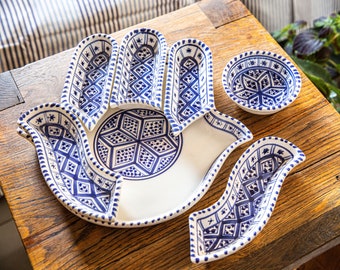 Large Mediterranean Blue Hamsa Hand 7 Piece Plate Set and Serving Platter Hand-Painted Ceramic Appetizer Tray| Moroccan Dipping Plate