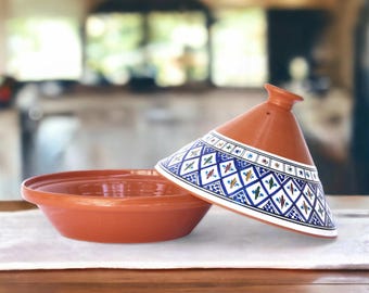 Handmade Moroccan Tagine Pot, Blue Ceramic Cookware, Hand-Painted Tunisian Clay