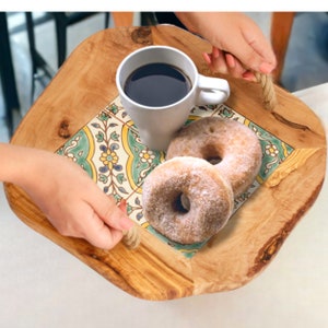 Large Handmade olive wood Serving Tray with Rope Handles, Decorative Service Tray, Coffee Table Tray, Housewarming Gift, Arabesque Design