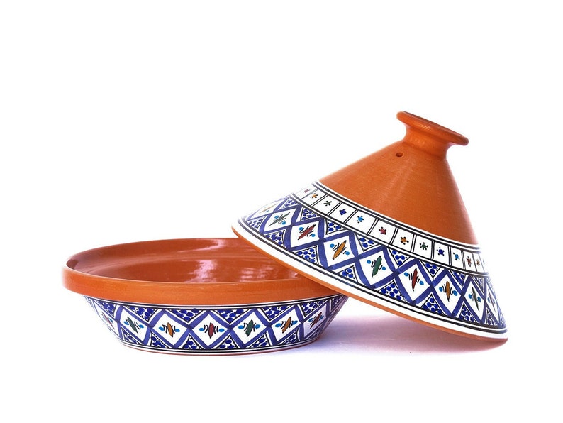 Handmade Bohemian Blue Supreme, Non-Stick Cooking and Serving Tagine Pot, Lead-Free, Housewarming Gift, Wedding Gift 10x10 inches