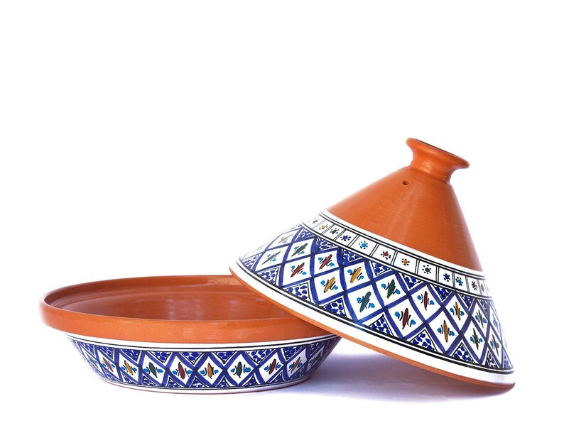 Handmade Bohemian Blue Supreme, Non-Stick Cooking and Serving Tagine Pot, Lead-Free, Housewarming Gift, Wedding Gift 12x12 inches