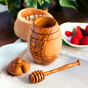 Honey Pot with Dipper Stick - Handmade Olive Wood, Rustic Kitchen Decor