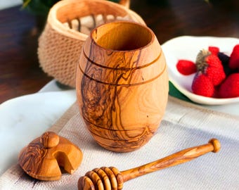 Honey Pot with Dipper Stick - Handmade Olive Wood, Rustic Kitchen Decor