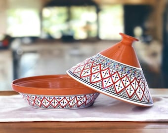 Hand-Painted Bohemian Clay Tagine Pot, Tunisian Stovetop Cookware, Moroccan Ceramic Dish
