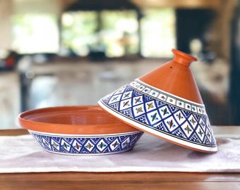 Moroccan Tagine Pot, Hand-Painted Blue Ceramic Tajine, Premium Stovetop & Oven Cookware, Decorative Clay Cooking Pot, Housewarming Gift