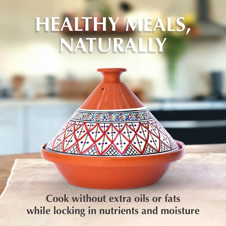 Hand-Painted Red Ceramic Tajine Pot, Tunisian Clay Cookware, Stovetop Oven Safe image 2