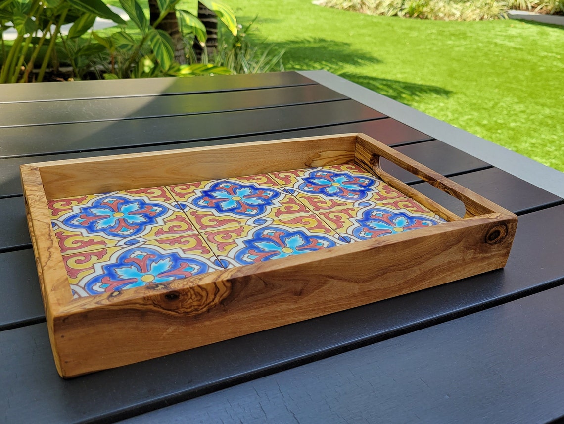 Large Olive Wood Serving Tray With Ergonomic Handles Etsy