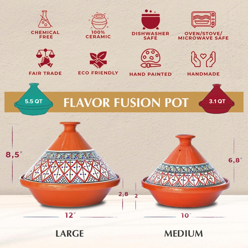 May include: Two Moroccan tagines, one large and one medium, with intricate hand-painted designs. The large tagine is 12 inches in diameter and holds 5.5 quarts, while the medium tagine is 10 inches in diameter and holds 3.1 quarts.