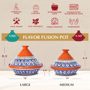 May include: Two ceramic tagine pots labeled Flavor Fusion Pot, one large 5.5QT and one medium 3.1QT. Both feature orange conical lids and blue, white, and green geometric patterns on the base. Dimensions are 12 inches by 8.5 inches and 10 inches by 6.8 inches.