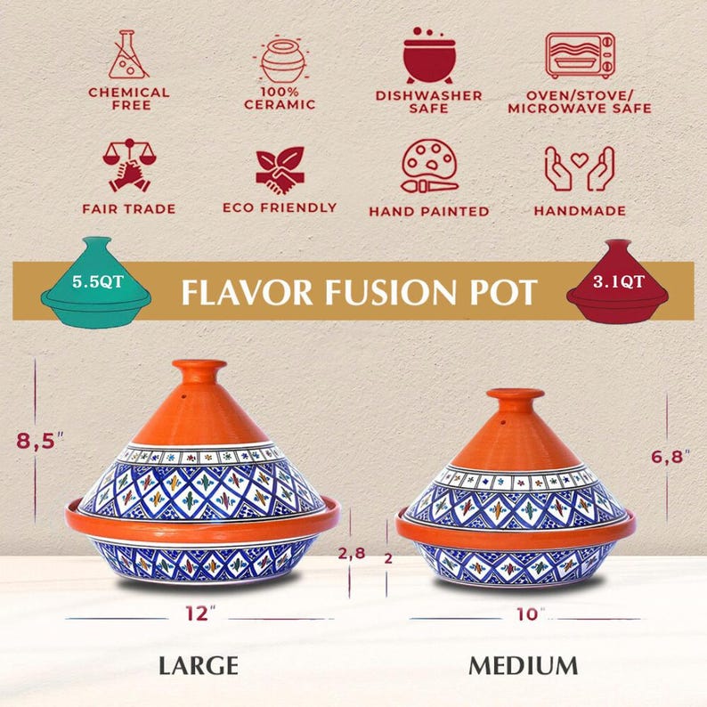 May include: Two ceramic tagine pots labeled Flavor Fusion Pot, one large 5.5QT and one medium 3.1QT. Both feature orange conical lids and blue, white, and green geometric patterns on the base. Dimensions are 12 inches by 8.5 inches and 10 inches by 6.8 inches.