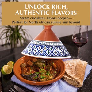 May include: A terracotta tagine with a conical lid featuring blue, green, and black geometric patterns. The base contains a cooked stew with eggplant and herbs. Text on the image reads: UNLOCK RICH, AUTHENTIC FLAVORS. Steam circulates, flavors deepen&mdash;Perfect for North African cuisine and beyond.