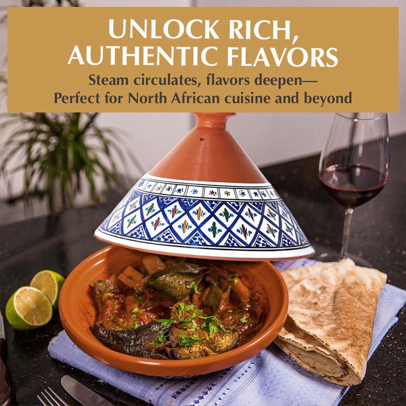 May include: A terracotta tagine with a conical lid featuring blue, green, and black geometric patterns. The base contains a cooked stew with eggplant and herbs. Text on the image reads: UNLOCK RICH, AUTHENTIC FLAVORS. Steam circulates, flavors deepen&mdash;Perfect for North African cuisine and beyond.