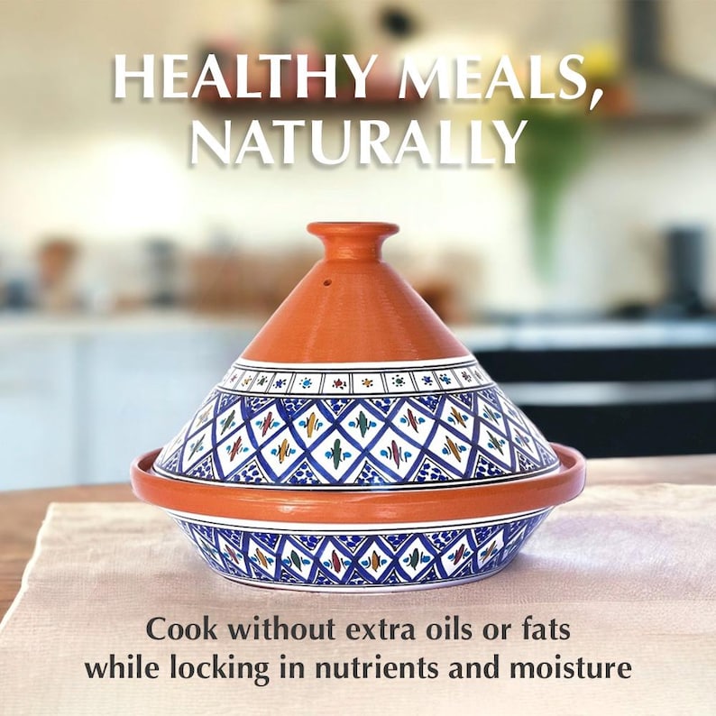 Moroccan Tagine Pot, Hand-Painted Blue Ceramic Tajine, Premium Stovetop & Oven Cookware, Decorative Clay Cooking Pot, Housewarming Gift image 2