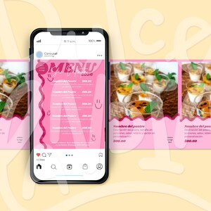 May include: A smartphone displays a pink Instagram carousel menu for desserts. The menu features text in Spanish, including "Nombre del postre" and "500.00". The carousel showcases images of desserts in clear cups with fruit toppings.