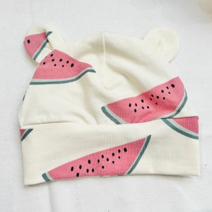 Eddie & Bee organic cotton Baby hat with ears  in cream &quot;watermelon&quot; print.