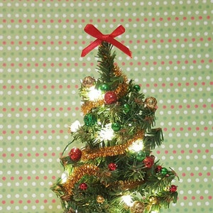 Dollhouse miniature Christmas Tree Red, Green and Gold Trim with lights image 2