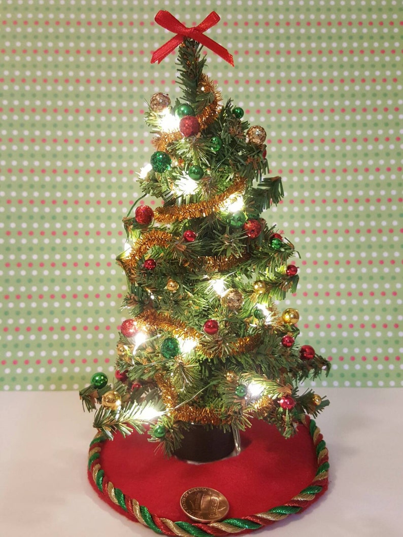 Dollhouse miniature Christmas Tree Red, Green and Gold Trim with lights image 4