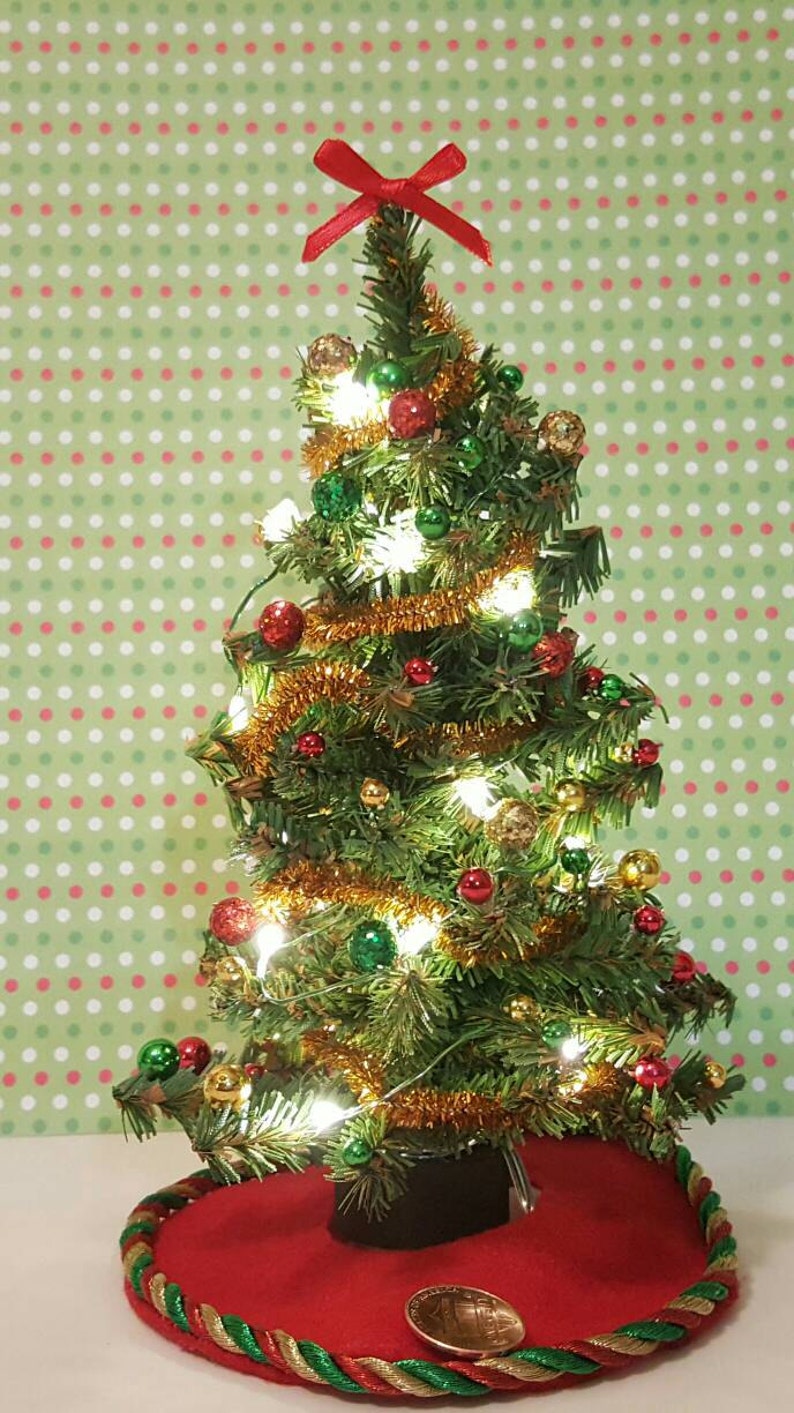 Dollhouse miniature Christmas Tree Red, Green and Gold Trim with lights image 2