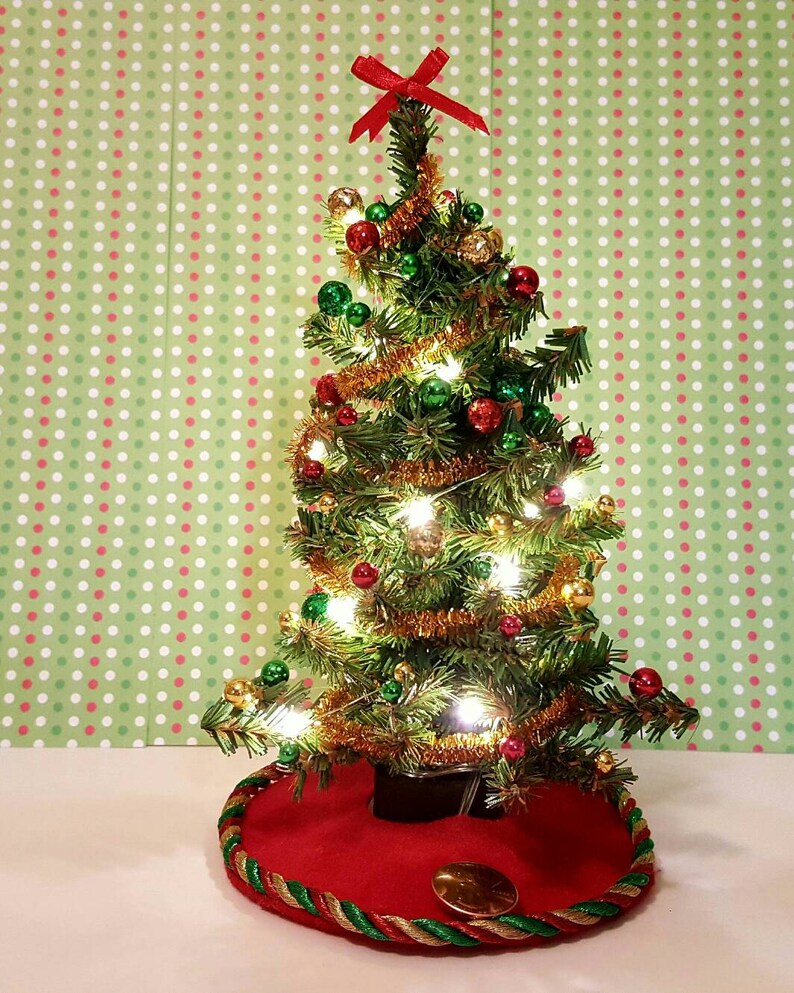 Dollhouse miniature Christmas Tree Red, Green and Gold Trim with lights image 3
