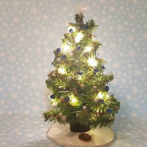 Dollhouse  miniature Christmas tree (Blue, White and silver) with lights
