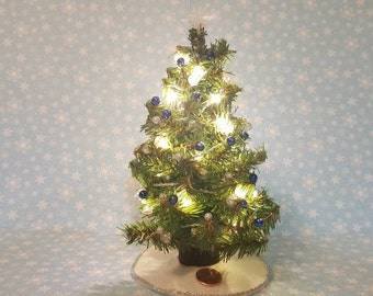Dollhouse  miniature Christmas tree (Blue, White and silver) with lights
