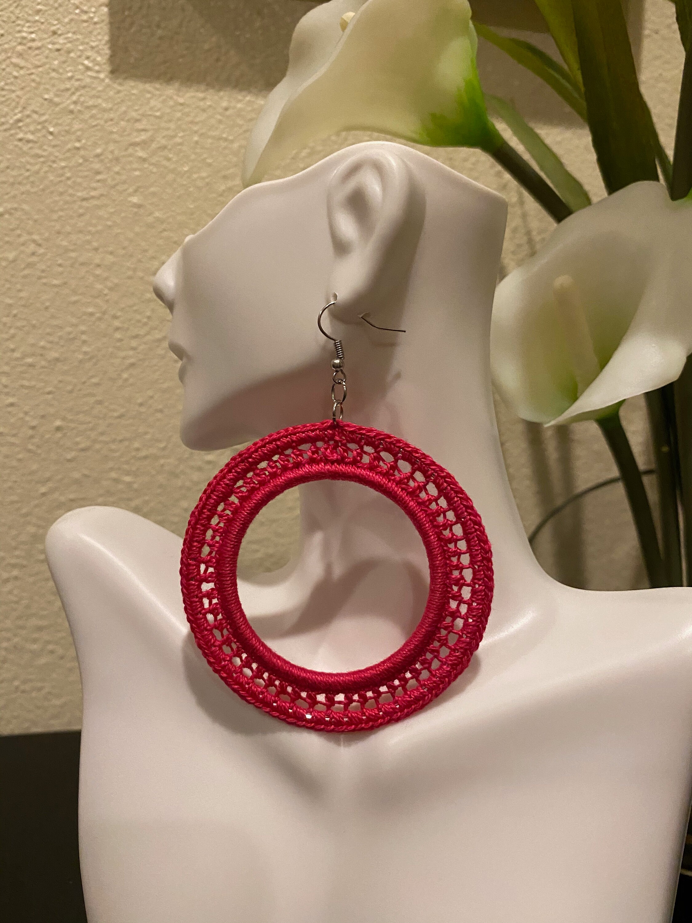 Dark Pink Crochet Hoop Earrings o Rings Etsy Canada