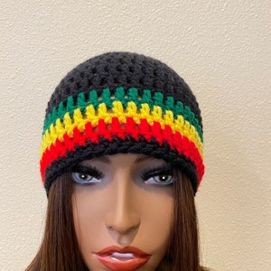 Crochet Rasta Stripe Beanie | &quot;Amalia No Bully Rasta Beanie&quot; | Rastafarian Flag Colors Beanie | Unisex Beanie | Crochet Rasta Beanie