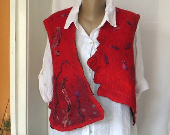 Vilten vest, mouwloos nunovilted vest, extravagant omkeerbaar vest, Nunofelted rood-zwart vest, plus size vest, boho stijl, cadeau voor haar, OOAK